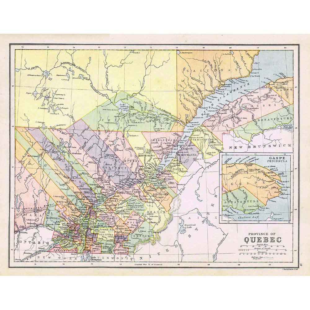 CANADA Province of Quebec and Gaspe Peninsula Antique Map c1870 by