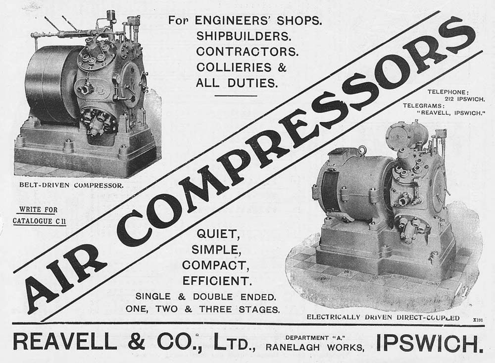 REAVELL & CO Ipswich, Air Compressors Antique Engineering Advert 1909